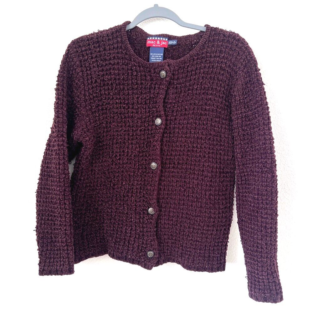 Vintage Mac & Jac Open Knit Button‎ Down Cardigan Women's Medium Petite Burgundy